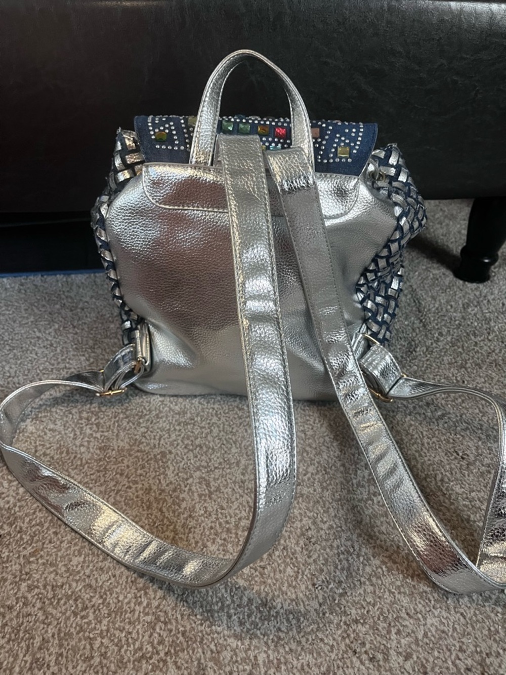 Studded Navy Multicolor Embellished Women’s Backpack - Picture 3 of 6